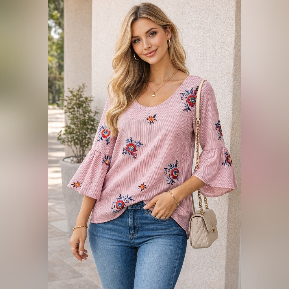 Nine West Blouse Small White Striped Embroidered Bell Sleeve Tie Back Prairie - Picture 2 of 14